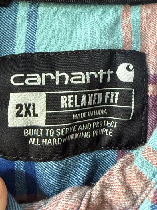 Carhartt Short-Sleeve Plaid Button-Down in Coral, Blue & Light Teal - Picture 3 of 4